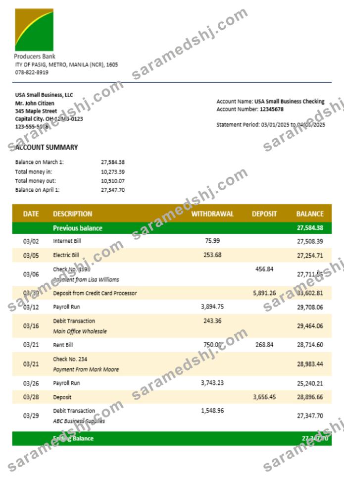 Producers Bank business bank statement Word and PDF format